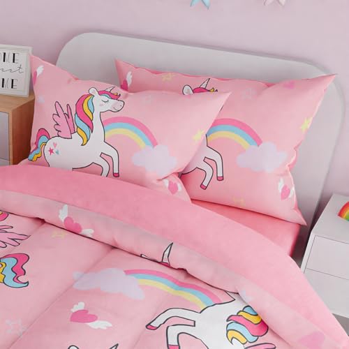 Image of SANDJEST Unicorns Bedding Full Set for Girls Kids Children, Ultra Soft Microfiber Comforter Set with 4-Pieces, Comforters Bed Sets Bedroom Decor