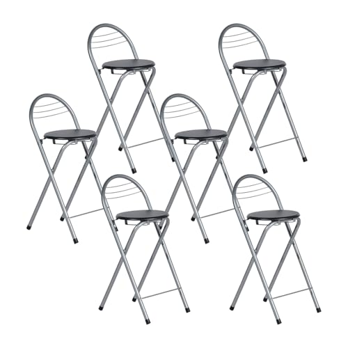 GOKHOMX Tabouret de Bar Pliant Lot de 6, Chaise Pliable Avec Dossier Pour Cuisine, Jardin, Balcon ou Extérieur - Noir et Argent