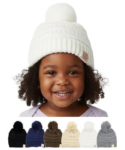Funky Junque Toddler Pom Beanie – Warm Kids Winter Hat for Ages 1–4, Cozy Knit Snow Beanies for Baby Boys & Girls - Ivory