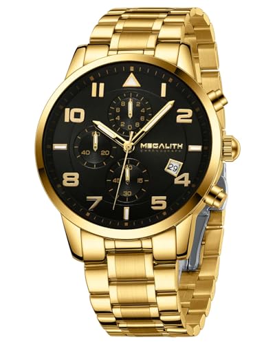 MEGALITH Relojes Hombre Militar Analogico : Cronógrafo Acero Inoxidable Calendario - Deportivo Reloj Hombre Oro Regalo