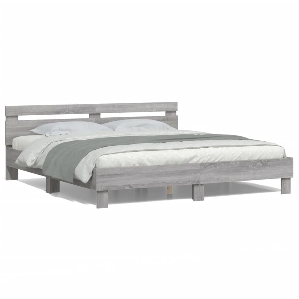 vidaXL Bed Frame with Headboard and LED, Bed Base for Bedroom, Mattress Foundation for Double, Bedstead, Grey Sonoma 180x200 cm Super King Size — image 1