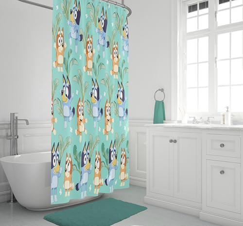 Image of Jay Franco Bluey and Bingo Fabric Shower Curtain - Kids Teal Bathroom Decor