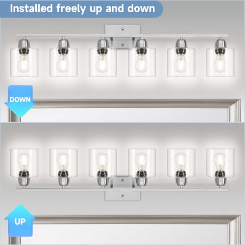 Image of Modern Brushed Nickel 6 Light Bathroom Light Fixtures,38 inch Vanity Lights for Bathroom with Clear Glass, Vanity Light for Mirror Kitchen Living Room Hallway Cabinet Porch