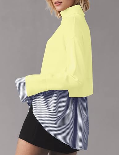 Image of MISSACTIVER Women Slit Turtleneck Patchwork Sweater 2 in 1 Buttons Down Pullover Knit Sweater Asymmetrical Hem Shirt Top