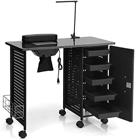Giantex Nail Desk Manicure Table with Dust Collector, Wrist Rest, Bendable LED Lamp, 5 Drawers Cabinet with Keys, Lockable Casters, Steel Frame Nail Tech Table Station
