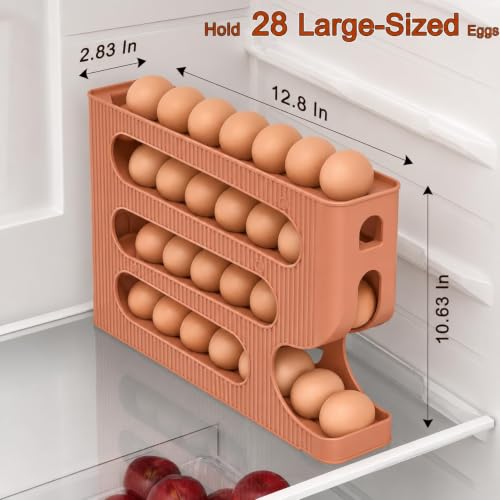 Image of 4-Tier Automatic Rolling Egg Dispenser for Refrigerator - Space-Saving Plastic Egg Holder, Holds Up to 30 Eggs, Roll-Down Design (Light Brown)