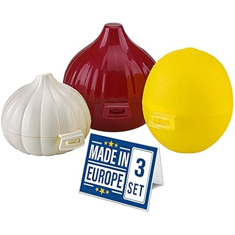 CRYSTALIA Onion Storage, Garlic Keeper, Lemon Saver, Set of 3, 100% BPA Free, Garlic Container, Lemon Keeper, Vegetable Storage Containers for Refrigerator Produce Saver Set Garlic Storage Onion Saver Cover