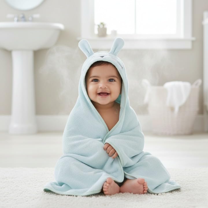 Image of Masilo 100% Cotton Hooded Towel /Ideal for Babies 0-18months / Luxurious and Super Absorbent Baby Towel /Infant to Toddler Wrap Towel with Hood /Soft, Lightweight and Breathable /Bunny /Green