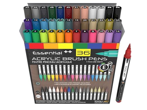 Lot de 36 marqueurs à peinture acrylique à pointe pinceau souple de 1 à 7 mm pour lettrage, peinture sur roche, scrapbooks, verre, tasses, bois, métal, tissu, plastique Non toxiques, à base d'eau,