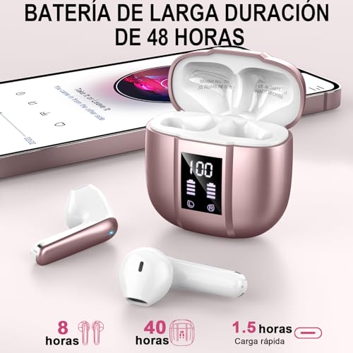 Renimer-Auriculares-Inalambricos-Bluetooth-Auriculares-Bluetooth-53-48-Horas-Estereo-HiFi-con-Reduccion-de-Ruido-IP7-Impermeable-Cascos-Inalambricos-Comodidad-Ligera-Carga-Rapida-USB-COro-Rosa