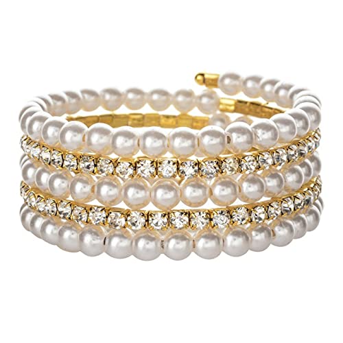 Kicomvi Imitition Pearl Stretch Bracelet Multilayer Crystals Pearl Elastic Bangle For Women Girl Wedding Jewelry 1920S Costume-A Gold #TOP4