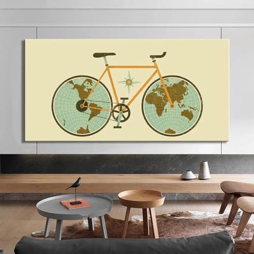 Impression d'art sur toile rétro motif vélo et carte 50x100 cm