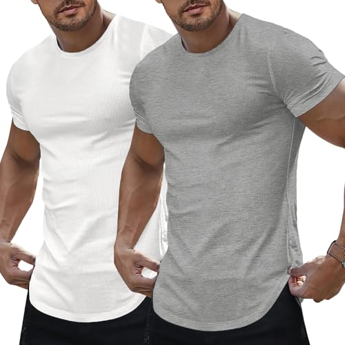 Image of JMIERR Mens Short Sleeve T Shirt Summer Muscle Slim Fitted Crewneck Longline Tees Shirts for Gym Workout
