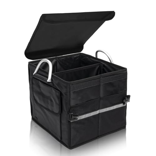 Trunk Organizer With Lid,Small,Black 28L,For SUV Car Truck,Collapsible Waterproof Oxford Fabric,Portable Multipurpose sorting,2-Compartments with Aluminium Alloy Handle
