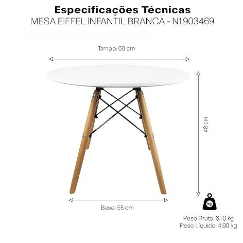 Mesa Eiffel Infantil Branca - Base em MDF e Pernas de Madeira Natural - Dimensões 60 cm x 49 cm