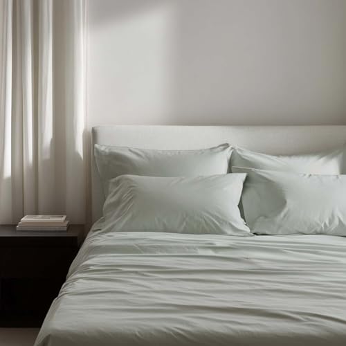 Image of Percale Cotton Cooling Bedsheet Set - 100% Cotton, Soft & Breathable, Bedsheet 106x106 in + Pillow Covers 18x27 in, Premium Bed Linen for All Seasons (Rain Green, King)
