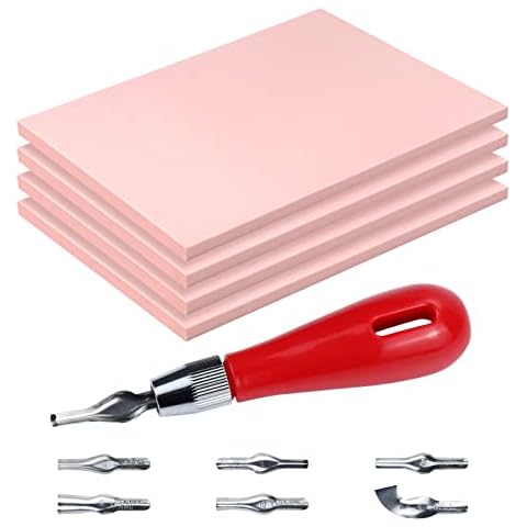 UPlama 4 Pcs Rubber Block Stamp Carving Block Stamp with Cutter Tools for Printmaking, Printing and Stamp Soft Rubber Crafts Cover