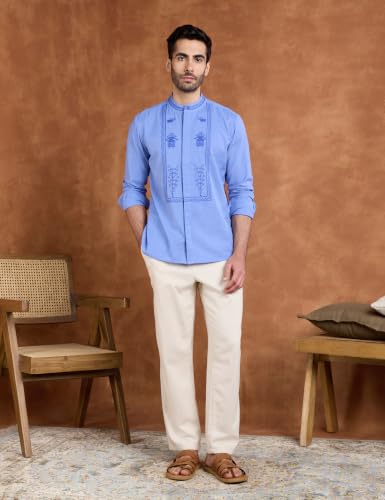 Image of Amazon Brand - Symbol Men's Cotton Blended Full Sleeve Kurta| Regular Fit | Ethnic Motif Embroidery Mandrin Collar| Front Full Open | Available in Plus Sizes