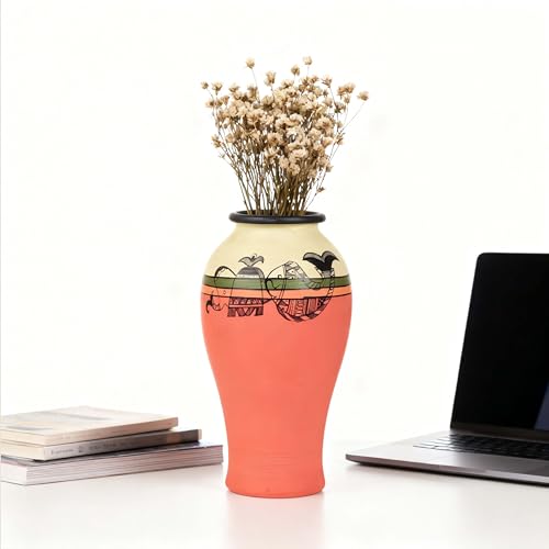 Image of Aakriti Art Creations Madhubani Art Terracotta Vase | Handmade Carrot Red Decorative Flower Vase | Traditional Folk Art Vase for Living Room Table Decor & Housewarming Gift