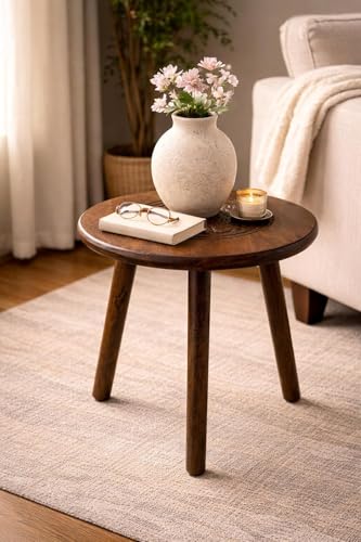 Image of VASIL MART Wooden Table with Three Legs A Modern Round Coffee Table and Side Table for Small Spaces with Pillar Coffee Table for Plants, Books, Magazines (VM-Carving Stool-7)