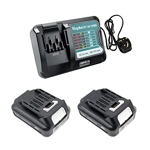 FengWings® 2PCS 12V 2.0Ah Li-ion Battery Relace for Makita 12V CXT BL1015 BL1016 BL1021B BL1041B BL1020B BL1040B Battery with DC10WD Charger Compatible with Makita DF031D TD110D JR103D JR105D HP333D