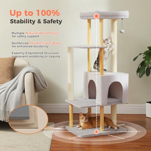 Image of 53 inch Modern Wooden Cat Tree for Large Cats with Solid Wood Posts