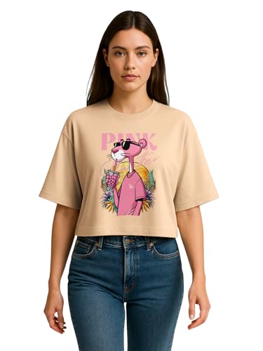 Image of HELLCAT Beige Printed Loose Fit Crew-Neck Crop T-Shirt for Women