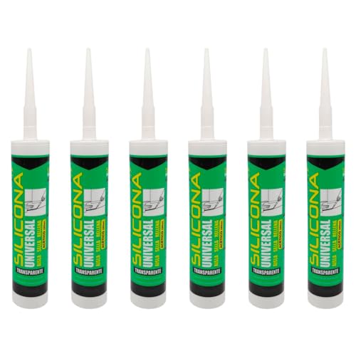 Tradineur - Pack de 6 botes de silicona universal en cartucho, incluye cánula, sellador de juntas, rellenador, alicatados, cocina, baño, ventanas, bricolaje, fabricado en España (Transparente, 280 ml)
