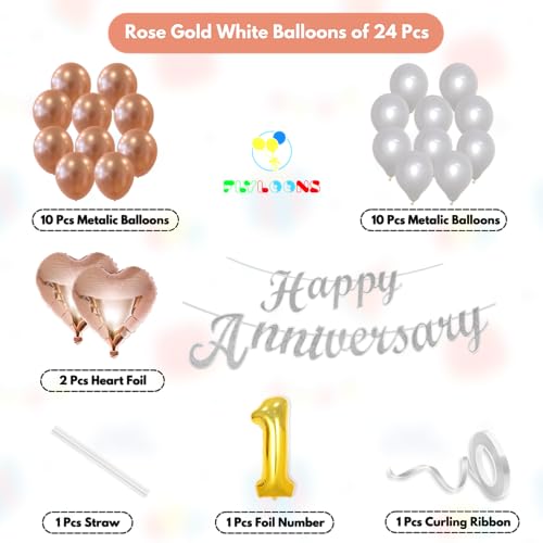 Image of Flyloons 1st Happy Anniversary Decoration Items Rose Gold White for Men Women Husband Wife Mom Dad Parent Couple Home Bedroom Car With 20 Pcs Metallic Balloons Anniversary Banner 2 Pcs Heart Set Kit