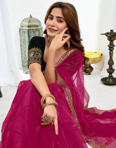 Image of SIRIL Women's Shimmer Net Sequence Embroidery Lace Saree for With Unstitched Blouse Piece