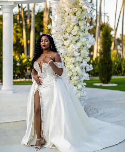 Off Shoulder Sweetheart Wedding Gown Sparkly Beaded Slit Mermaid Bridal Wedding Dress with Detachable Train2