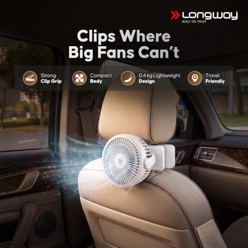 Image of LONGWAY Clipzy Portable Rechargeable Clip Fan with 360 Rotation | 3 Speed Control | BLDC Motor | Type-C Charging | Silent Operation Table Fan for Home, Office & Travel | 1 Year Warranty (White)