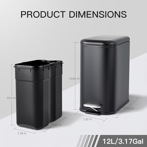 Image of GarveeHome 3.2 Gal Slim Trash Can, Step Garbage Can with Soft-Close Lid, Stainless Steel Recycling Bin Waste Container with Removable Inner Bucket for Kitchen, Bathroom, Office, Black