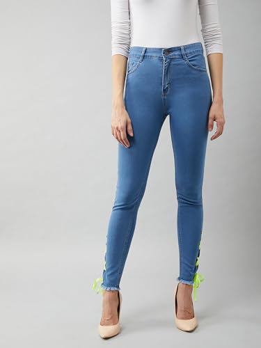 Image of Miss Chase Women's Skinny High Rise Cropped Fringed Hemline Detailing Stretchable Denim Jeans