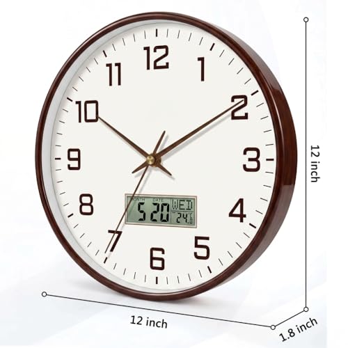 Image of ginoya brothers 12 Inch Silent Non-Ticking Silent Wall Clock, Modern Round Analog & Digital Display (Temp /Calendar) Decorative Clock, Easy to Read for Home, Living Room, Office (White-Brown Digital)