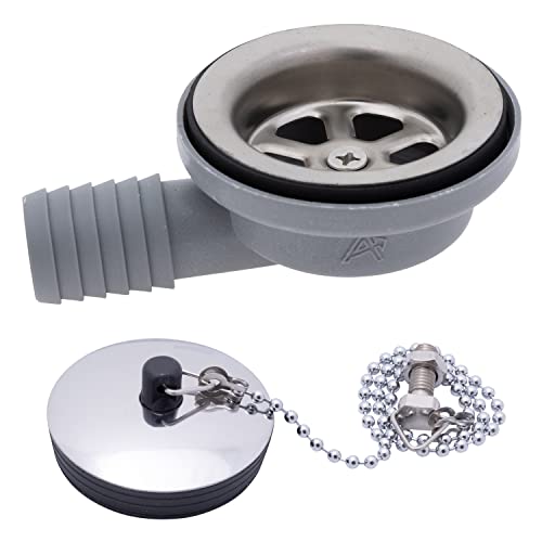 Ambassador Marine - 2 inch Drain, 95 Degree Drain, Low Profile, 1 inch Hose Barb, w/Chain Stopper - Brushed Finish - S00-0101-BP-W