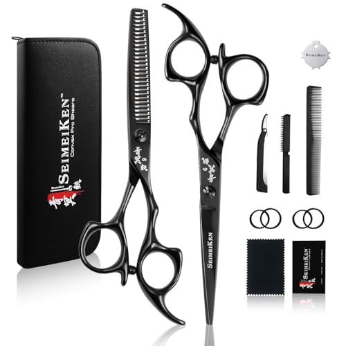 SEIMEIKEN 6' Black Hair Scissors Professional Hair Cutting Scissors and Thinning Shears - Japanese SUS440C Stainless Steel Hair Cutting Shears, Barber Shears - Hair Cutting Kit for Salon & Home Use