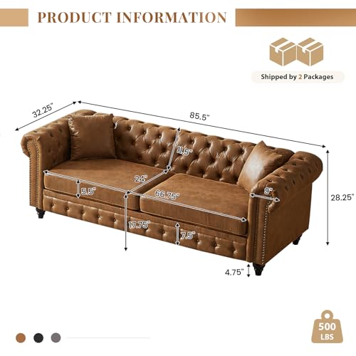Image of Modern Chesterfield Sofa Couch, 85.5-inch Faux Leather 3-Seater Sofa with Rolled Arms and Tufted Button for Living Room, Office, Brown