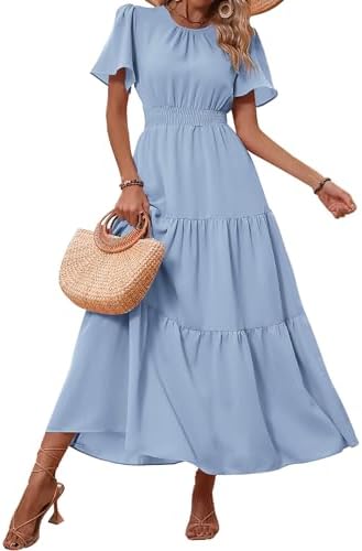 PRETTYGARDEN Women's Summer Casual Short Flutter Sleeve Round Neck Smocked Waist Tiered Boho Floral Flowy Maxi Dress