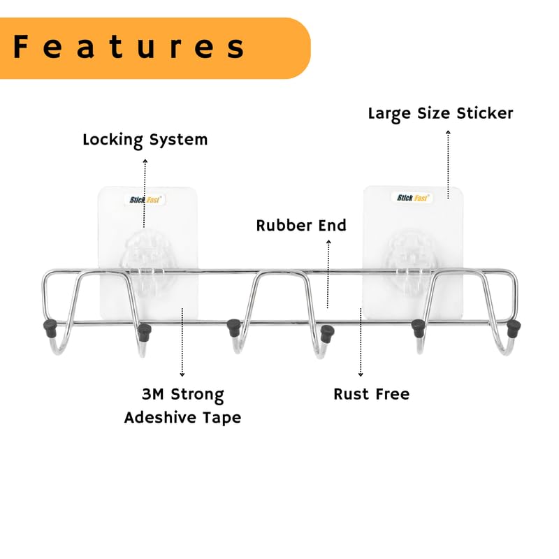 Stick Fast Self Adhesive Stainless Steel 6 Hooks Rail with 3M Sticker for Cloth Hanger, Door Hooks Rail for Bedroom, Kitchen, Bathroom No Drills, Load Capacity 3.5 kg Each-Chrome 1