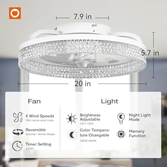 addlon Modern Ceiling Fans with Lights and Remote, Flush Mount, 20 Inch Bladeless Ceiling Fan with Light, Low Profile Ceiling Fan, Reversible, 3CCT, Dimmable, Quiet, Ceiling Fans for Bedroom, White