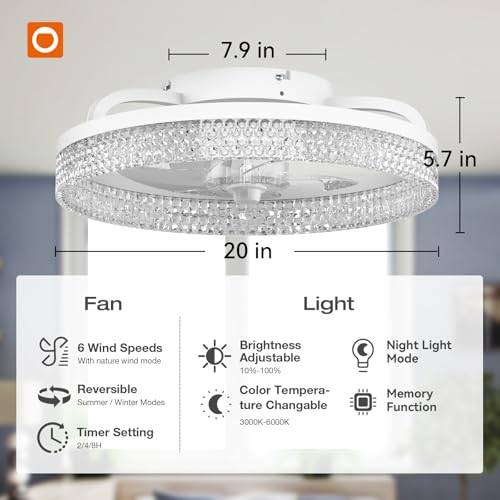 addlon Modern Ceiling Fans with Lights and Remote, Flush Mount, 20 Inch Bladeless Ceiling Fan with Light, Low Profile Ceiling Fan, Reversible, 3CCT, Dimmable, Quiet, Ceiling Fans for Bedroom, White