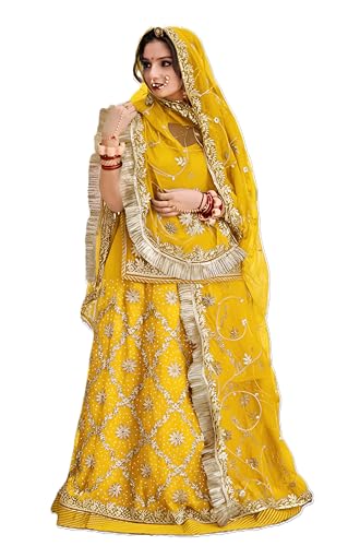 Image of Heavy Embroidery Work Semi Stitched Shimmer Silk Rajputi Poshak For Women Rajasthani Lehenga Choli