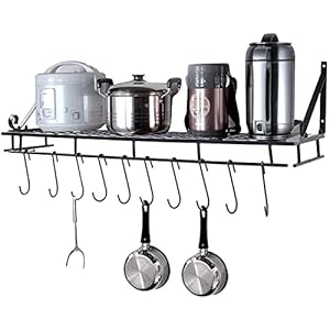BBZZ Keukenrek, Wandmontage Hangende Pan Pot Rack Spice Rack Pan Rack Opbergrek Kookplaat met 10 S-Shape Haken voor…