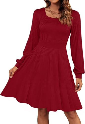 Saodimallsu Damen Strickkleid Puffärmel Quadratischer Ausschnitt Elegant Pulloverkleid Frauen A-Linie Strickpullover Minikleid Rot XL
