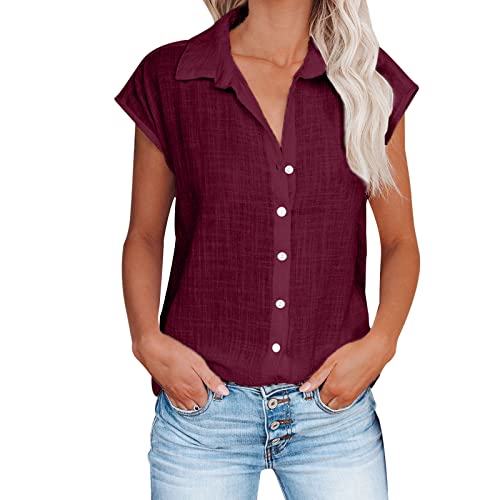 2025 - Lässiges, einfarbiges, atmungsaktives, einreihiges Hemd mit kurzen Ärmeln für Damen Maritime Kleidung (Red, M)