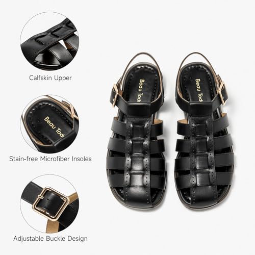 Image of BEAU TODAY Fisherman Sandals for Women, Women's Leather Flat Sandals, Gladiator Strappy Close Toe Roman Sandals Shoes Comfortable Dress Buckle Summer Shoes