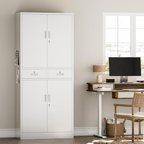 Image of Metal Storage Cabinet with 2 Drawers 71 inch H,White Metal Garage Cabinets with 2 Lockable Doors and Adjustable Shelves, Locking Cabinet for Home Office,Pantry,Garage,Warehouse