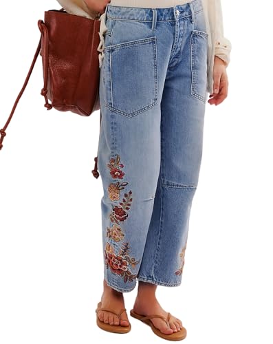 Women Floral Embroidered Denim Pants Wide Leg Baggy Barrel Jeans Tapered Bottom Trousers