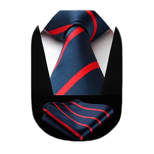Image of HISDERN Stripe Tie Mens Ties with Pocket Square Set Classic 3.4'' Silk Formal Necktie Handkerchief for Business Wedding